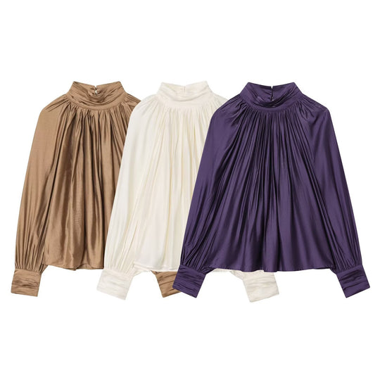 Damen Plissierte Satinbluse mit Stehkragen und Ballonärmeln Shop Nory