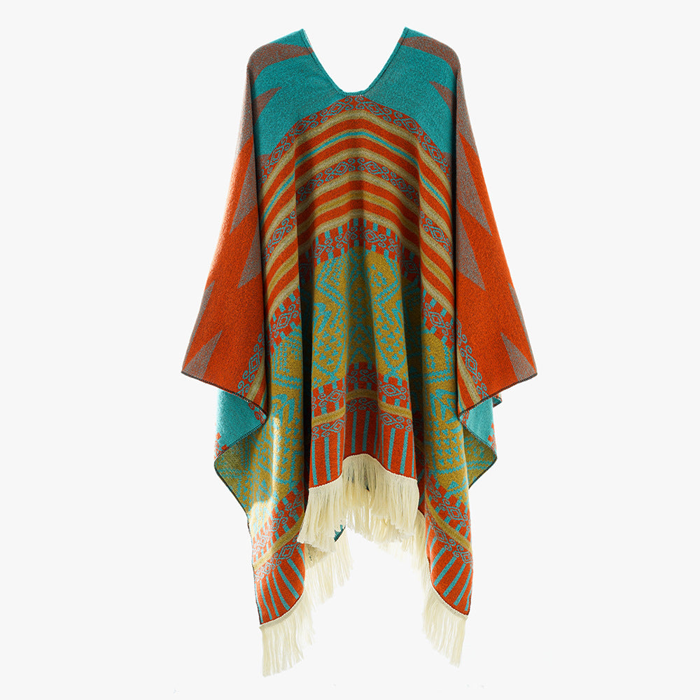 Damen Jacquard‑Ruana im Deckenstil mit V‑Ausschnitt, geometrischem Ethno‑Muster und Fransensaum Shop Nory