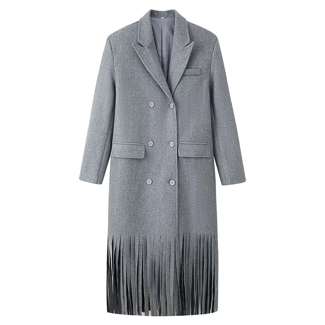 Damen Doppelreihiger Wollmix-Mantel mit Fransensaum und fallendem Revers Shop Nory