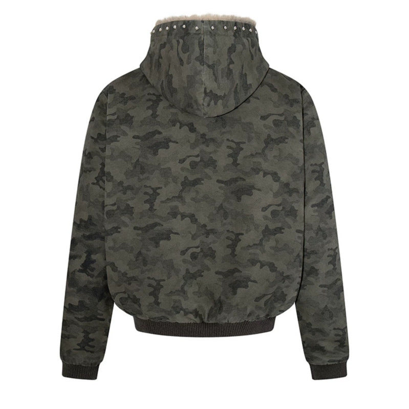 Damen gefütterte Camouflage-Bomberjacke mit Teddy-Innenfutter, Kapuze und Rippbündchen Shop Nory