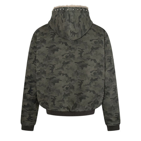 Damen gefütterte Camouflage-Bomberjacke mit Teddy-Innenfutter, Kapuze und Rippbündchen Shop Nory