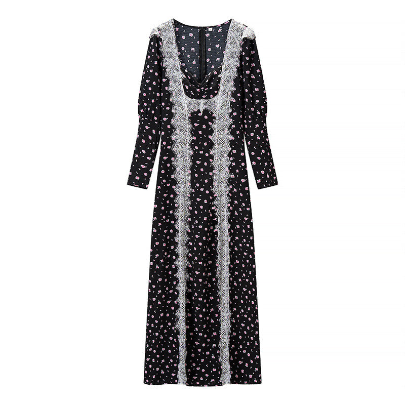 Damen Langärmeliges Maxikleid mit Spitzenborten, tiefem V‑Ausschnitt und floralem Alloverprint Shop Nory