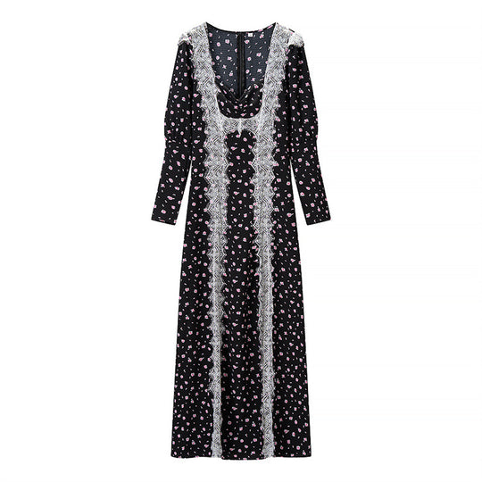 Damen Langärmeliges Maxikleid mit Spitzenborten, tiefem V‑Ausschnitt und floralem Alloverprint Shop Nory