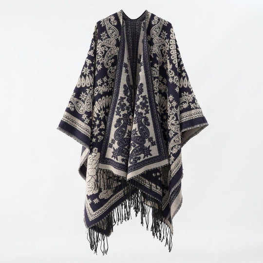 Damen Jacquard-Umhangponcho aus Wollmix mit beidseitigem Paisley-Jacquard und Fransen Shop Nory