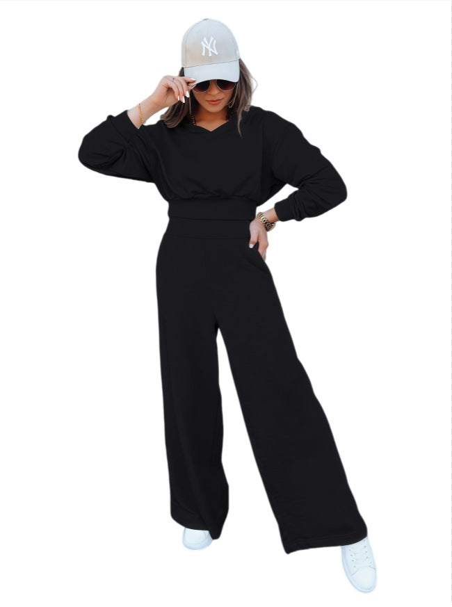 Damen Loungewear-Set mit Cropped V‑Ausschnitt-Pullover und hochtaillierter Palazzohose Shop Nory