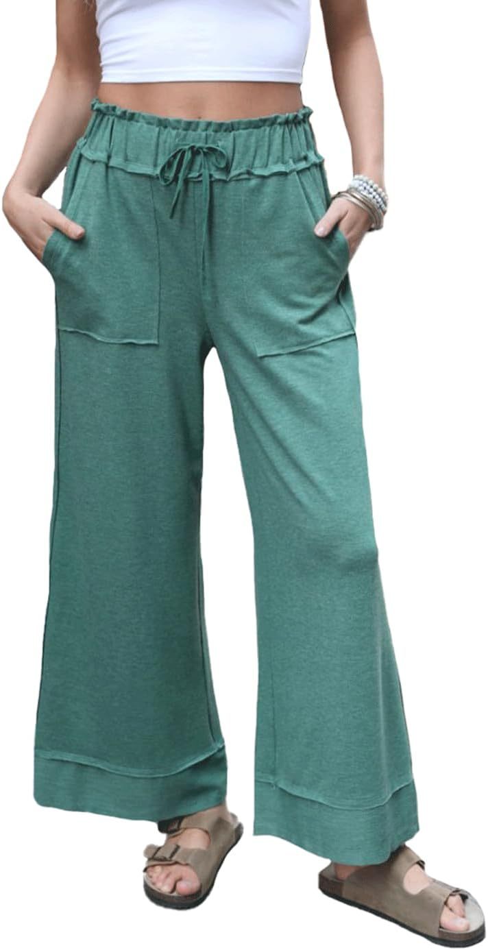 Damen Weite Jersey-Loungehose mit gerafftem Hochbund, Kordelzug & aufgesetzten Taschen Shop Nory