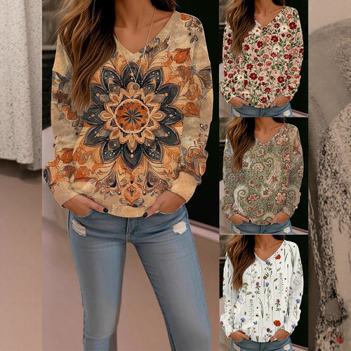 Damen Boho-Mandala V-Ausschnitt Oversize Sweatshirt mit weichem Sweatstoff Shop Nory