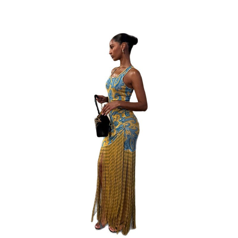 Damen Maxikleid mit Fransen und floralem Design