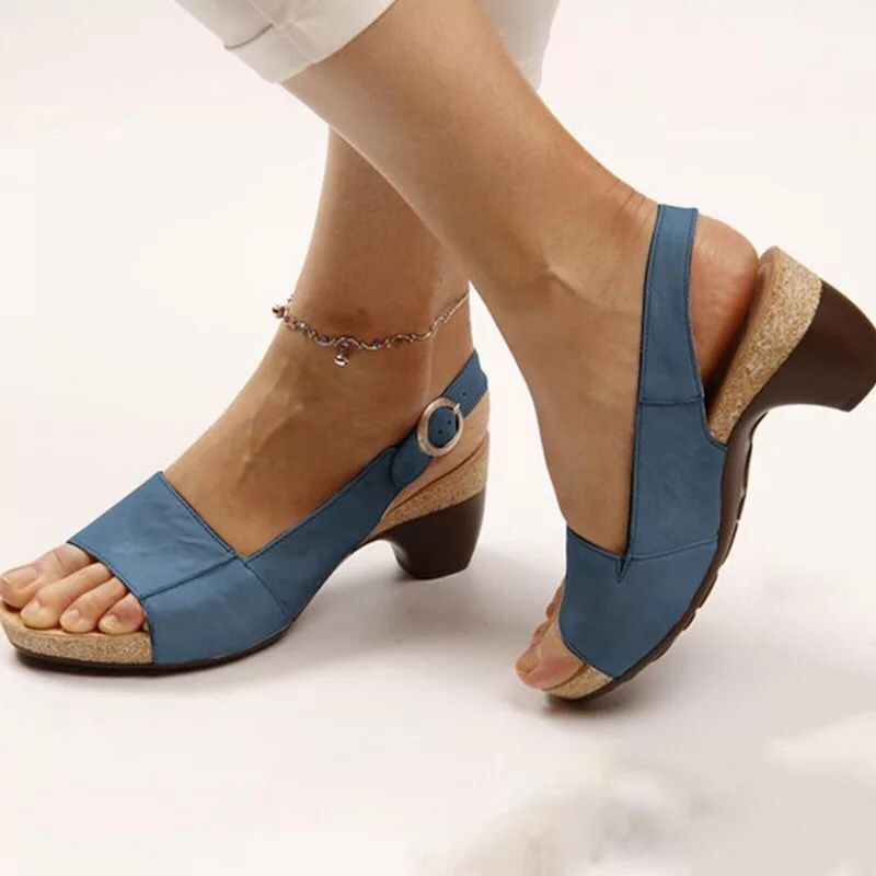 Damen nan Sandalette mit elastischem Fersenriemen ergonomischem Kork-Komfortfußbett und niedrigem geschwungenem Absatz