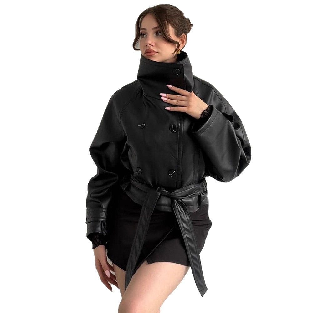 Damen Taillierte Kurzblouson‑Jacke aus Lederimitat mit hohem Stehkragen und Bindegürtel Shop Nory
