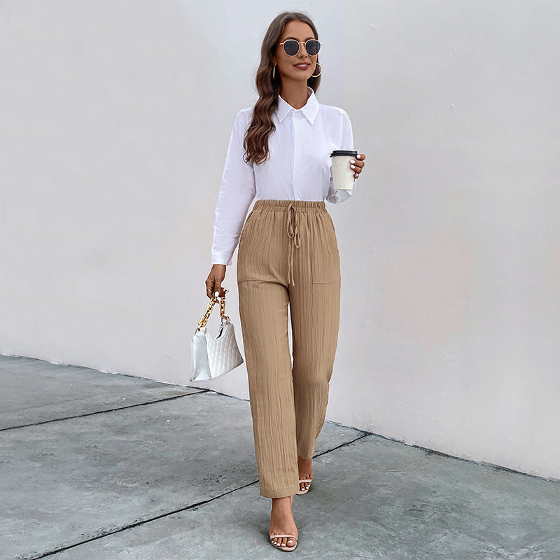 Damen Leichte Crinkle-Hose mit hohem Elastikbund, Tunnelzug und aufgesetzten Taschen Shop Nory