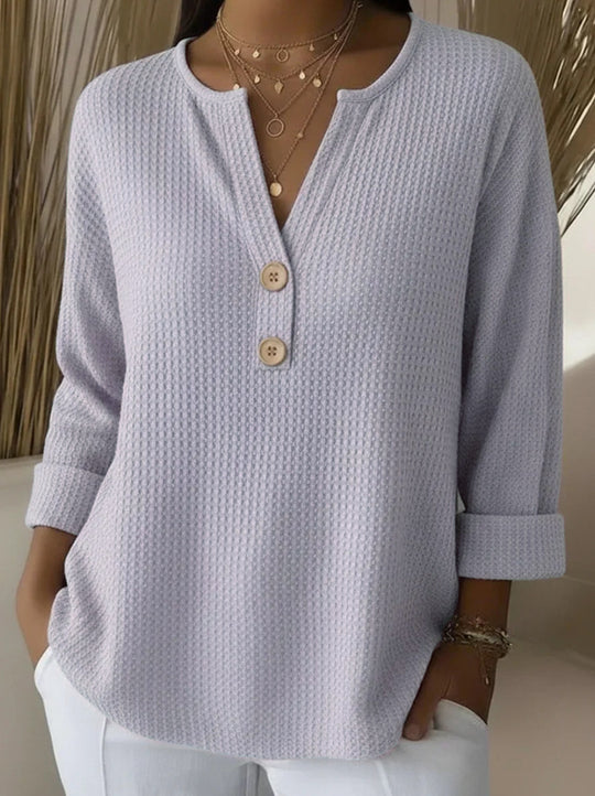 Damen nan Waffelstruktur Henley-Shirt mit V-Ausschnitt kurze Knopfleiste und krempelbaren 3/4-Ärmeln Shop Nory