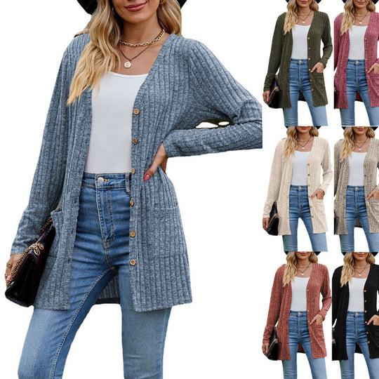 Damen Lang geschnittene Rippstrick‑Cardigan mit Knopfleiste und Eingrifftaschen Shop Nory