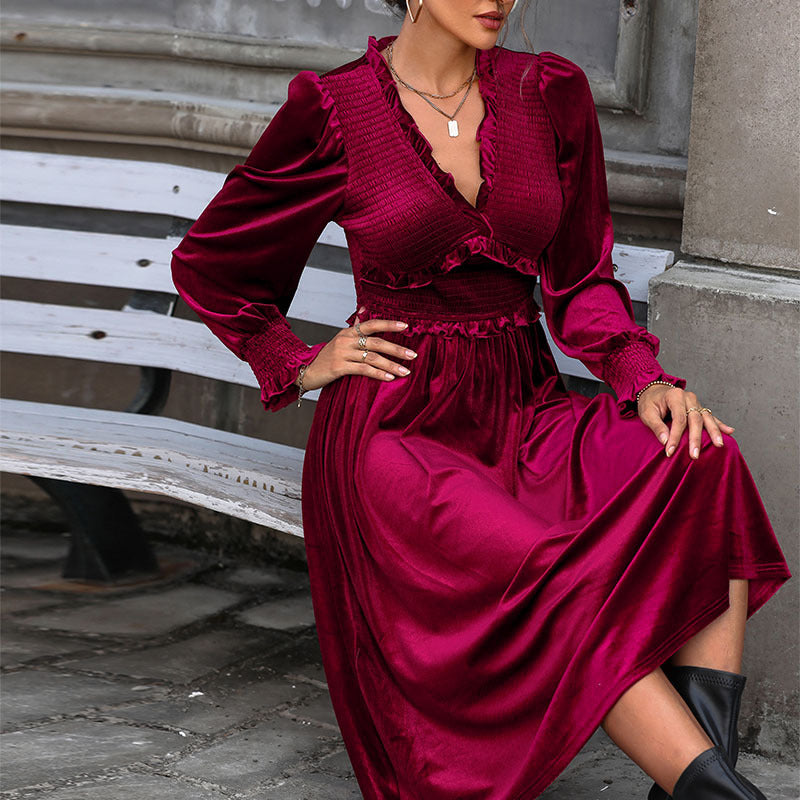 Damen Midikleid mit Rüschendetails und V-Ausschnitt Shop Nory
