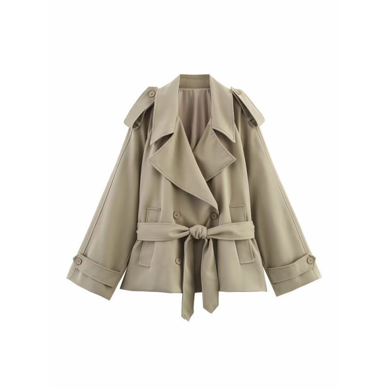 Damen Kurzer Trenchcoat mit Bindegürtel und Cape-Ärmeln Shop Nory