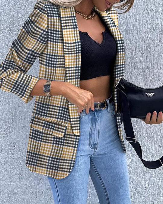 Damen Kariierter Longblazer mit legerer Passform, aufgesetzten Taschen und Dreiviertelärmeln Shop Nory