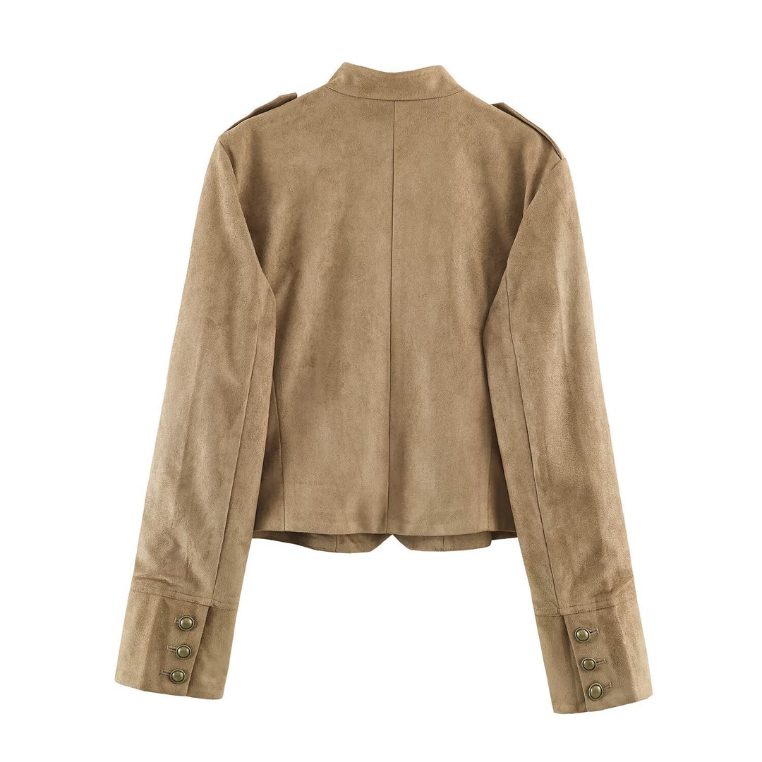 Damen kurz geschnittene Kavallerie-Jacke aus Wildlederoptik mit Zierknopfleiste und Schulterpatten Shop Nory