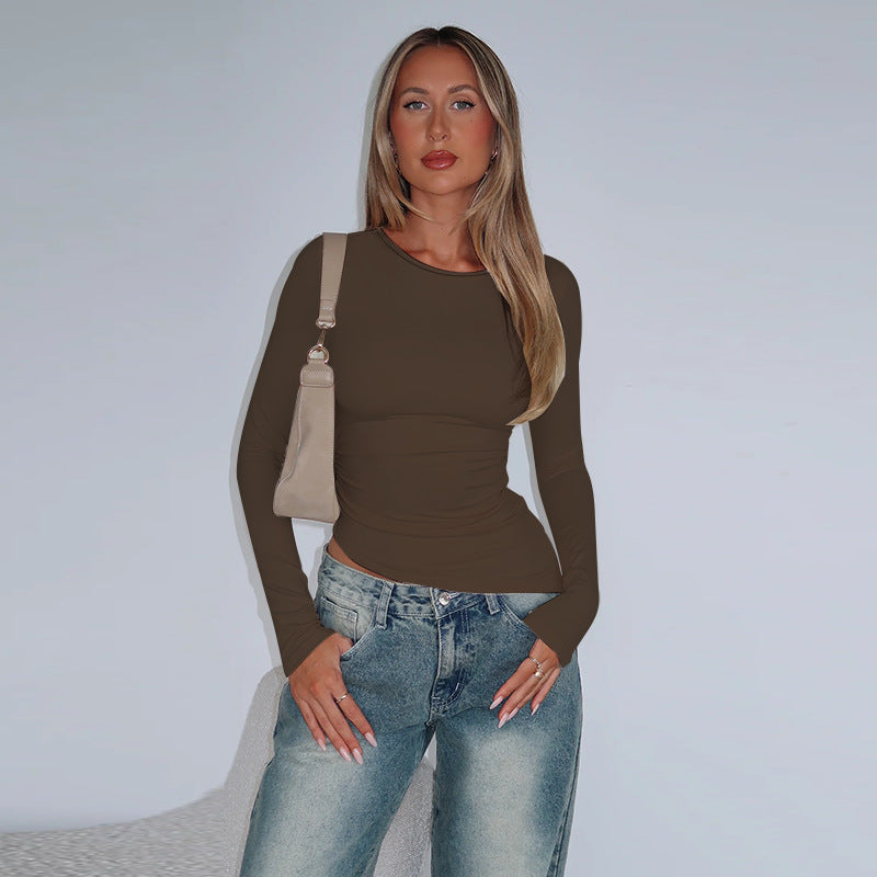 Damen asymmetrisches gerafftes bauchfreies Langarmshirt Shop Nory