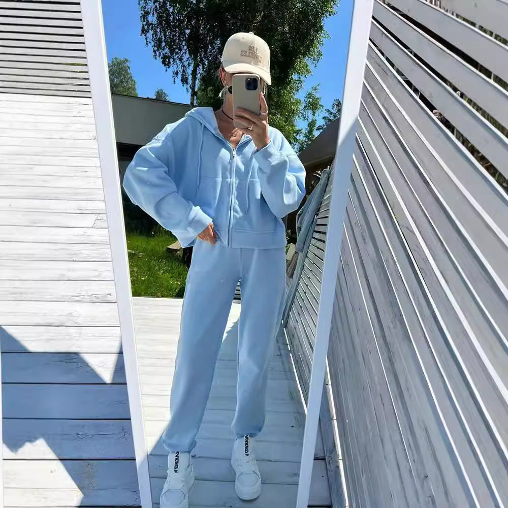 Damen lässiges Kapuzen-Sweatshirt und Jogginghose Set in Oversize-Passform mit Reißverschluss und Kängurutasche Shop Nory