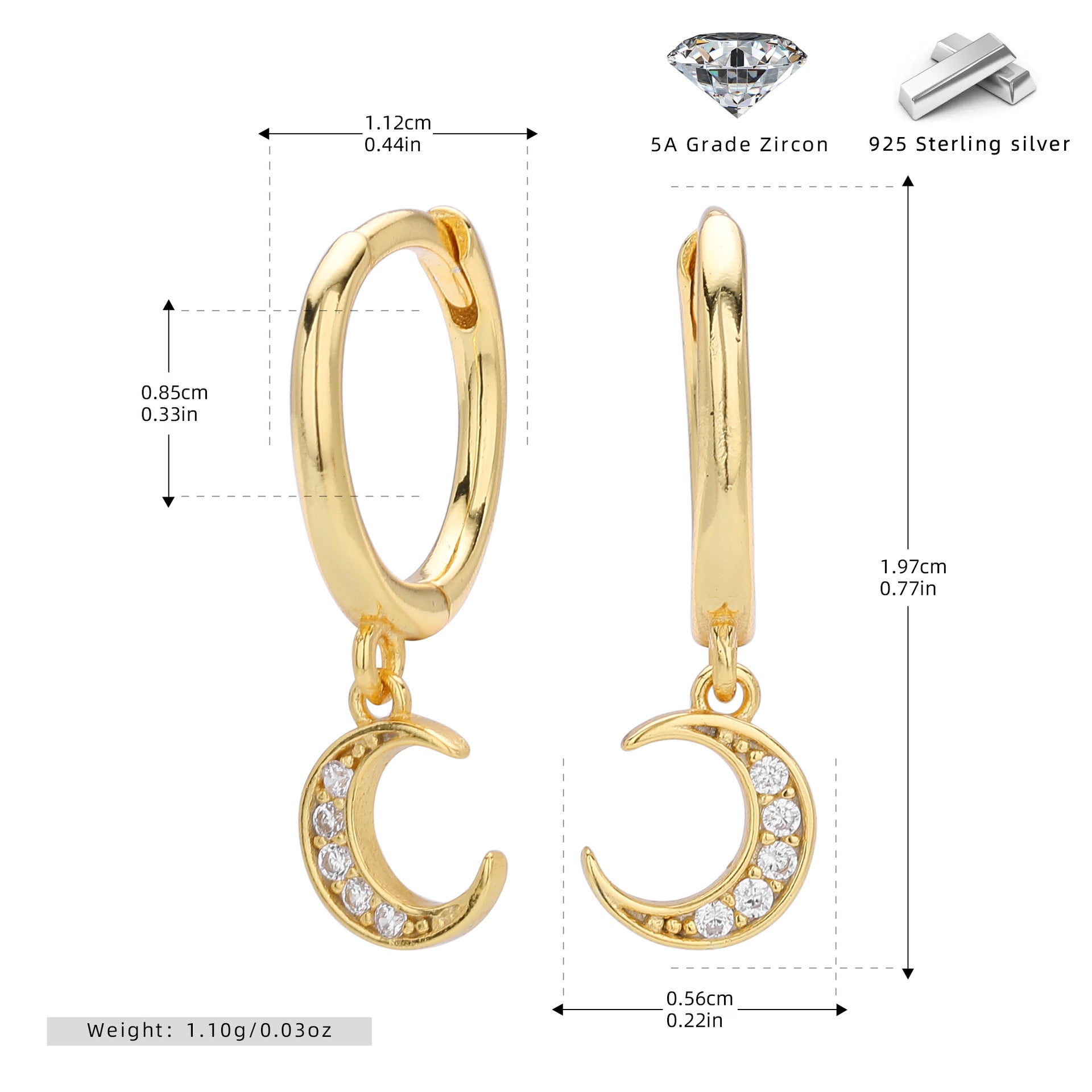 Damen Ohrhänger mit Mondmotiv aus 925 Sterling Silber und funkelnden Zirkonsteinen Shop Nory