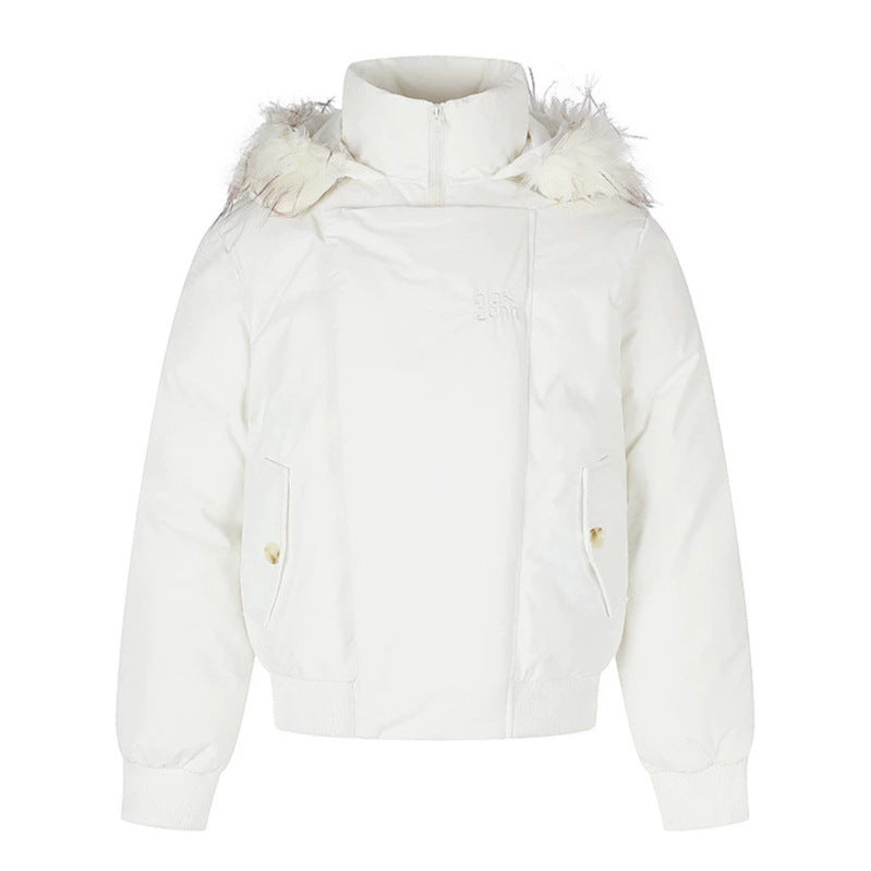 Damen wattierte kurze Bomberjacke mit abnehmbarer Kunstfellkapuze, hohem Stehkragen und Rippbündchen Shop Nory