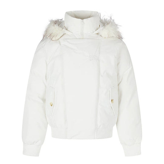 Damen wattierte kurze Bomberjacke mit abnehmbarer Kunstfellkapuze, hohem Stehkragen und Rippbündchen Shop Nory