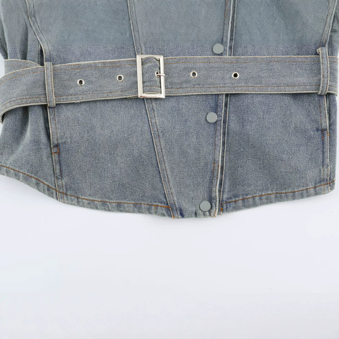 Damen Jeansjacke mit Taillengürtel und asymmetrischer Druckknopfleiste Shop Nory