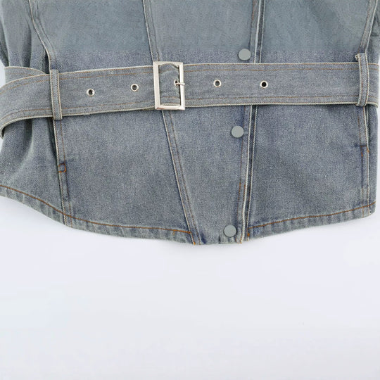 Damen Jeansjacke mit Taillengürtel und asymmetrischer Druckknopfleiste Shop Nory