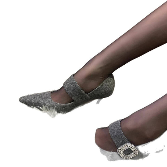 Damen Elegante spitz zulaufende Mary-Jane-Pumps mit Wollfilz-Optik, schmalem Stiletto und Kristall-Schnalle Shop Nory