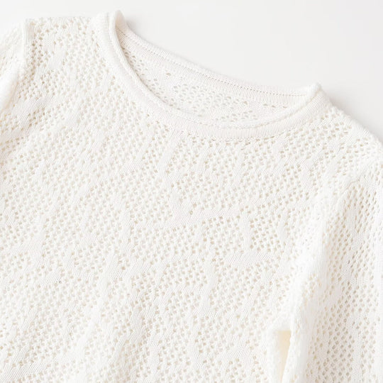 Damen Kurzgeschnittenes Ajour-Strick-Crop-Top mit Rundhalsausschnitt und leicht ausgestellten Ärmeln Shop Nory