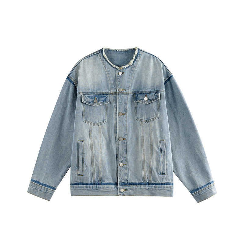 Herren Oversize-Denimblouson ohne Kragen mit rohem Halsausschnitt und Pattentaschen Shop Nory
