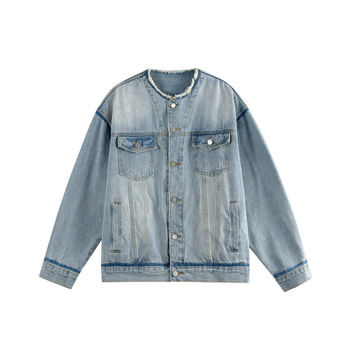 Herren Oversize-Denimblouson ohne Kragen mit rohem Halsausschnitt und Pattentaschen Shop Nory