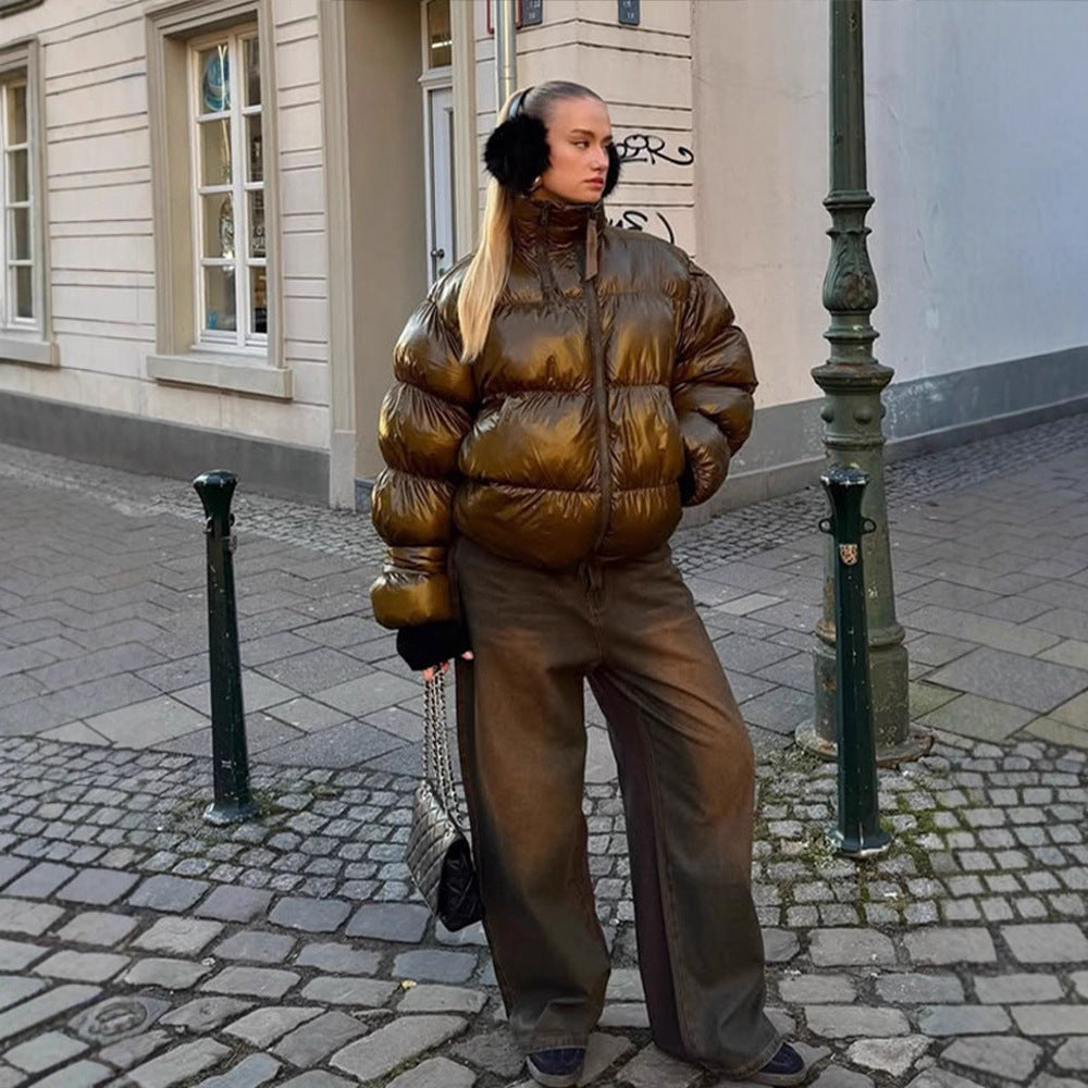 Damen Glänzende Oversize-Steppjacke mit Kapuze und hohem Stehkragen Shop Nory