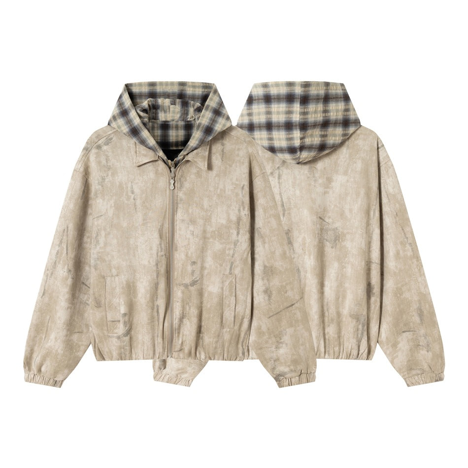 Unisex Kurz geschnittene Boxy‑Jacke aus Wildlederoptik mit kariert gefütterter Kapuze Shop Nory