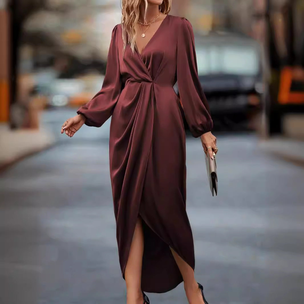 Damen nan tailliertes Drapé-Midikleid mit V-Ausschnitt Raffung Ballonärmeln und seitlichem Wickelschlitz