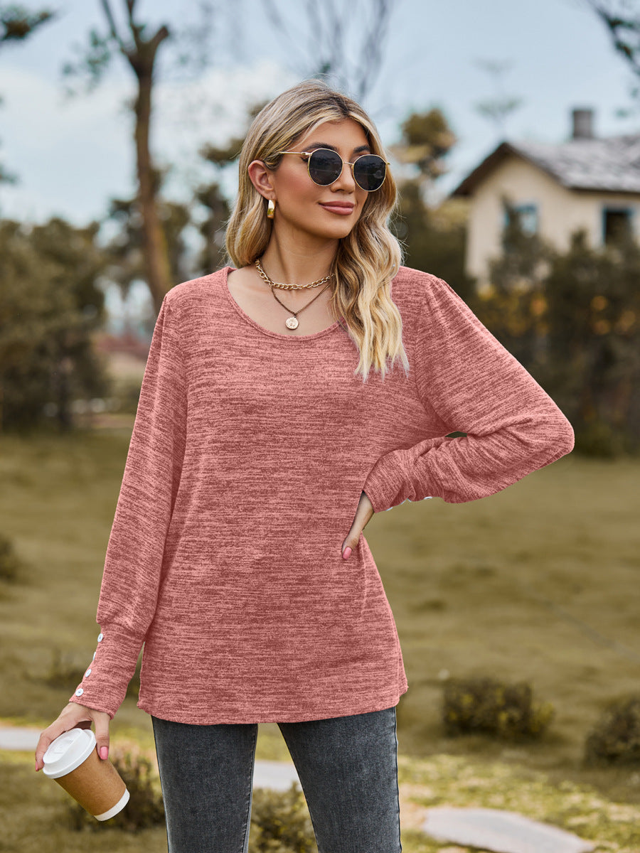 Damen Lässiges Langarmshirt mit Knopfmanschetten und weitem Rundhalsausschnitt Shop Nory