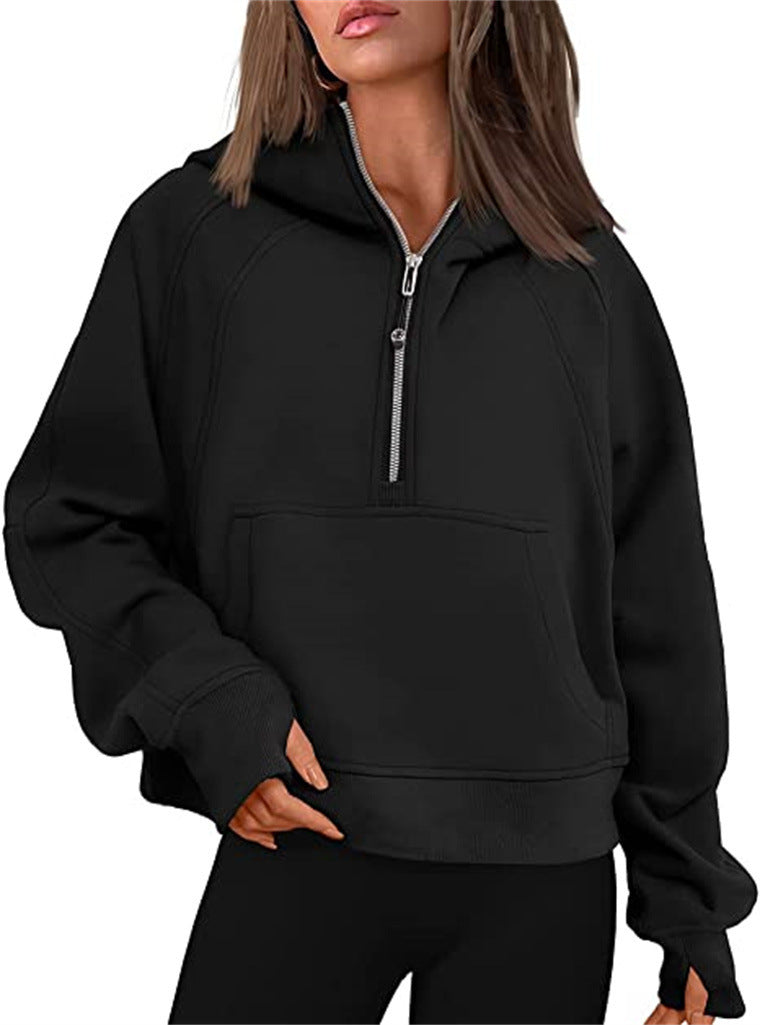 Damen Oversize-Hoodie mit halbem Reißverschluss, Kängurutasche und Daumenlöchern Shop Nory