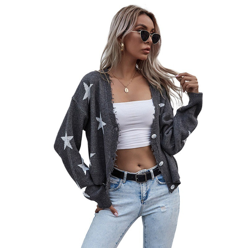 Damen Lässiger Cardigan mit Sternenprint und Knopfdetails Shop Nory