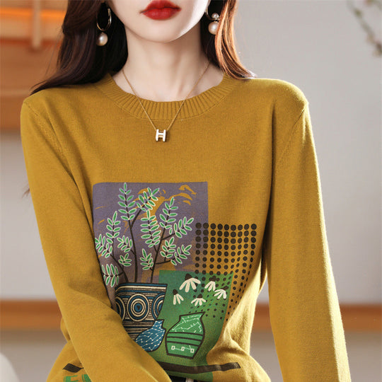 Damen Leichter Rundhalspullover mit grafischem Pflanzenprint und feinem Feinstrick Shop Nory
