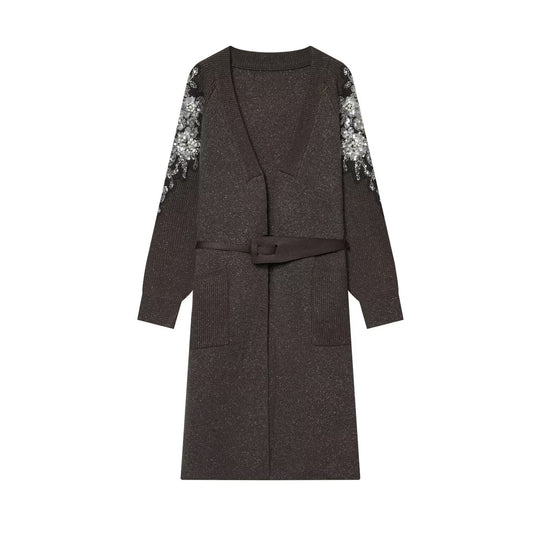 Damen Lange Strickmantel-Cardigan mit Taillengürtel und Paillettenärmeln Shop Nory