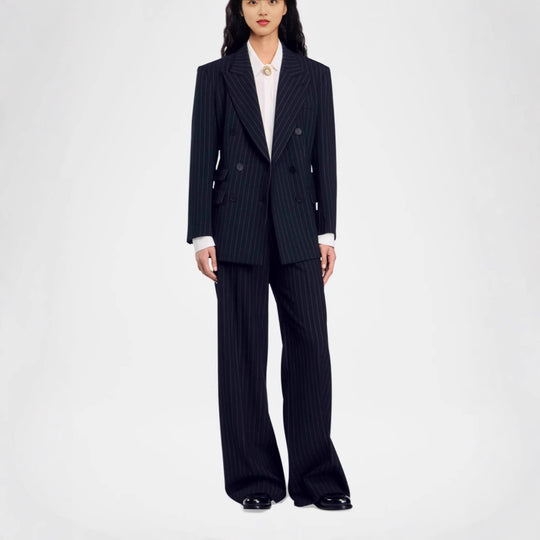 Damen Zweireihiger Nadelstreifen-Hosenanzug mit Oversize-Blazer und weitem Bundfaltenhose Shop Nory