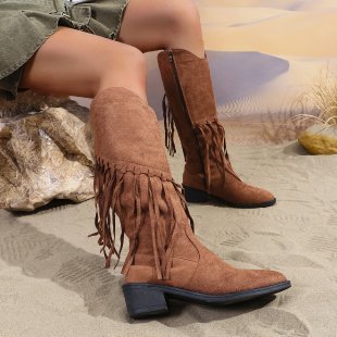 Damen Kniehohe Fransenstiefel im Western‑Boho‑Look mit spitzer Vorderkappe und mittlerem Blockabsatz Shop Nory
