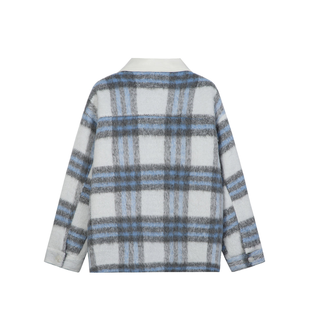 Damen Kariertes Wollmix-Shacket mit kontrastierendem Kunstlederkragen Shop Nory