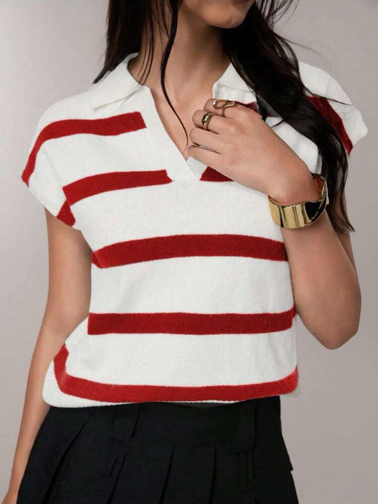 Damen Gestreiftes Kurzarm-Stricktop mit V-Kragen und überschnittener Schulter Shop Nory