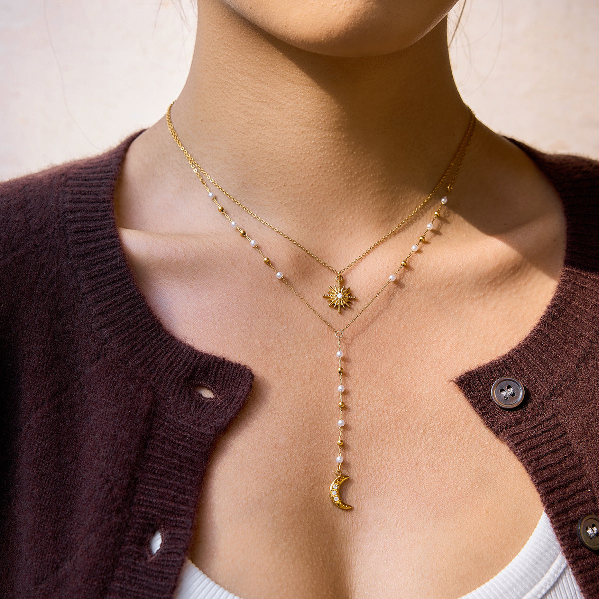 Damen Halskette mit elegantem Sonnen- und Monddesign aus hypoallergenem Edelstahl Shop Nory
