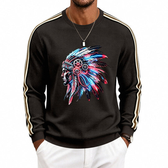 Herren Sweatshirt mit Federkopfschmuck-Print, Waffelstruktur und kontrastierenden Schulterstreifen Shop Nory