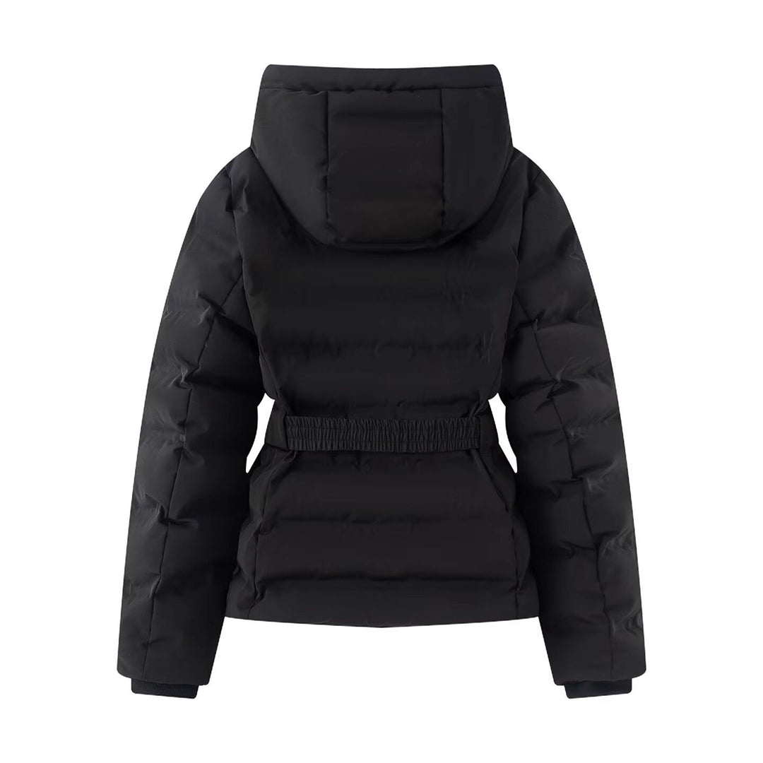 Damen Glänzende Daunenoptik-Steppjacke mit Kapuze und tailliertem Zugbandgürtel Shop Nory