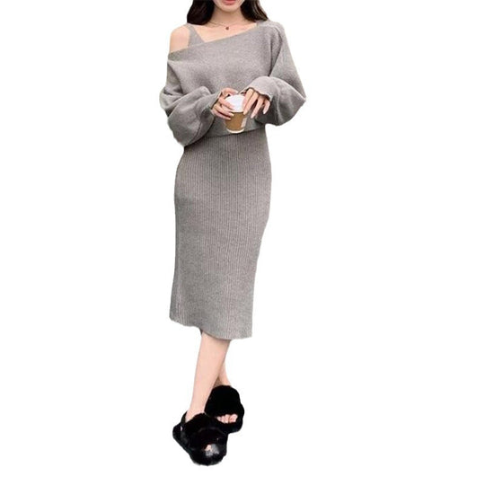 Damen Elegantes Strickkleid mit V-Ausschnitt und passendem Cardigan Shop Nory