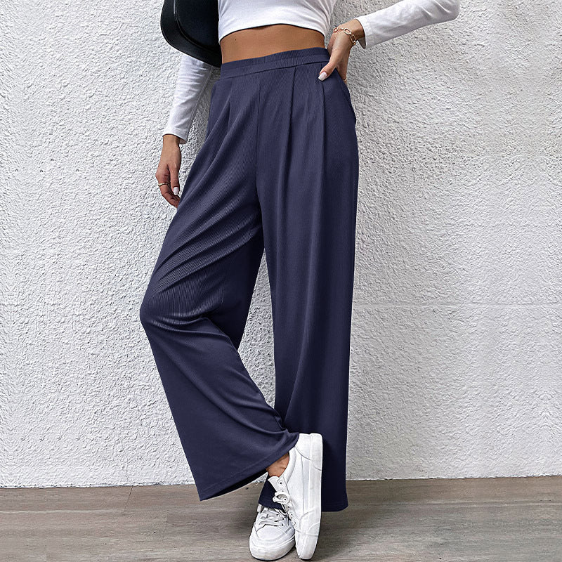 Damen hochtaillierte weite Hose mit Vorderfalten, elastischem Bund und Seitentaschen Shop Nory