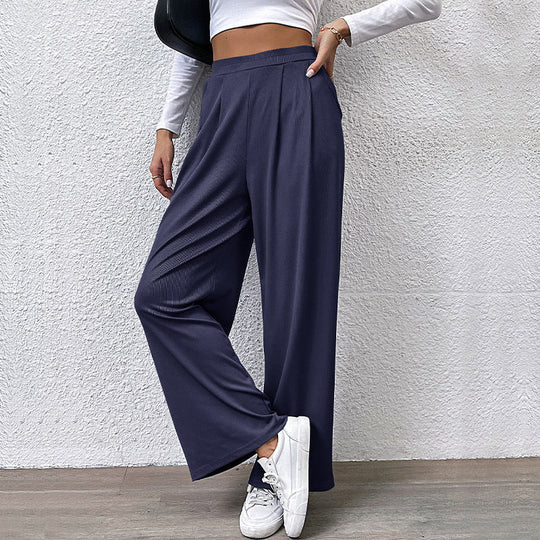 Damen hochtaillierte weite Hose mit Vorderfalten, elastischem Bund und Seitentaschen Shop Nory